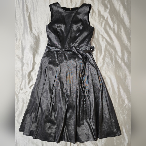 Tommy Hilfiger Metallic Dark Silver Stretch Taffeta Fit & Flare Dress - Picture 3 of 14